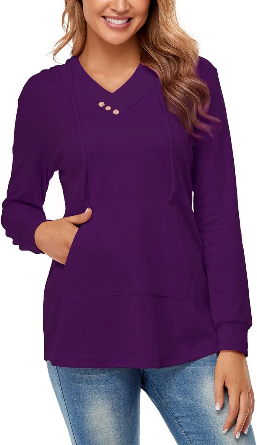 Miusey Womens Hooded Shirts Long Sleeve V Neck Tunic Hoodie Lightweight Sweatshirts with Kangaroo Pocket