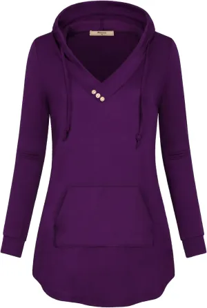 Miusey Womens Hooded Shirts Long Sleeve V Neck Tunic Hoodie Lightweight Sweatshirts with Kangaroo Pocket