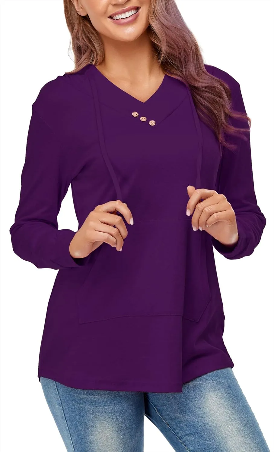 Miusey Womens Hooded Shirts Long Sleeve V Neck Tunic Hoodie Lightweight Sweatshirts with Kangaroo Pocket