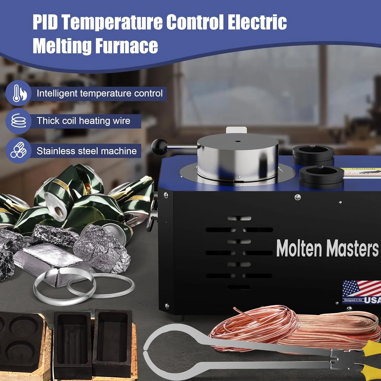 MMasters 3KG Electric Melting Furnace, 1600W 2102℉ Digital Temp Control Gold Smelting Furnace Kit Foundry Kiln with Graphite Crucible & Ingot Molds for Melt Scrap Metal, Silver, Aluminum (Blue Pro)