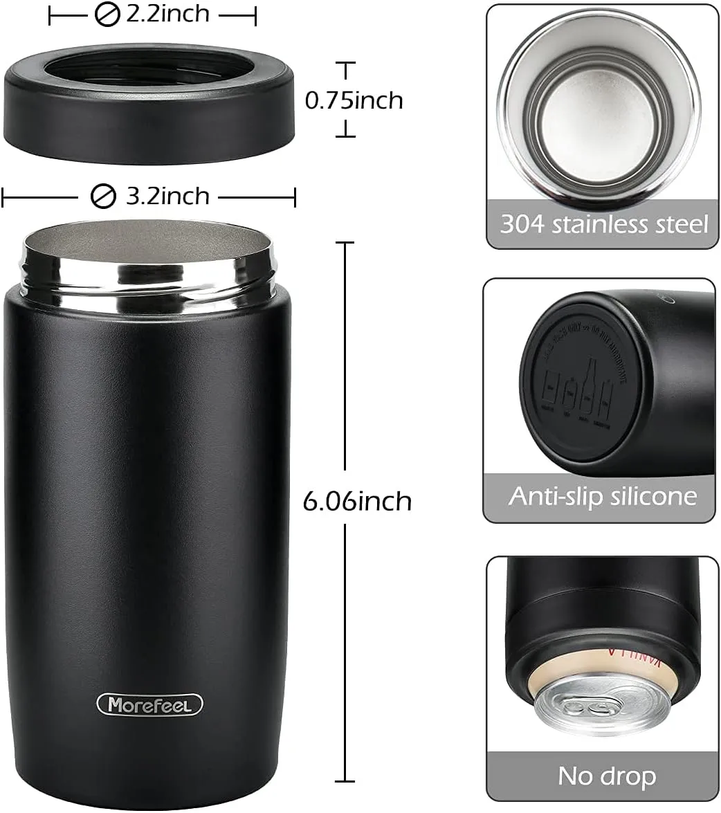 Morefeel 4-in-1 Skinny Can Cooler Double Wall Stainless Steel Insulated Can Holder, Works With 12 Oz Slim Can,Standard Cans,Beer Bottles & As Pint Cups(Black)