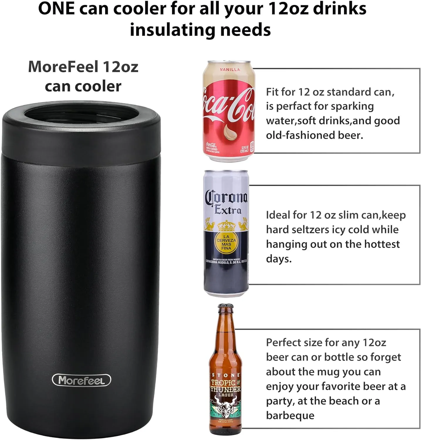 Morefeel 4-in-1 Skinny Can Cooler Double Wall Stainless Steel Insulated Can Holder, Works With 12 Oz Slim Can,Standard Cans,Beer Bottles & As Pint Cups(Black)