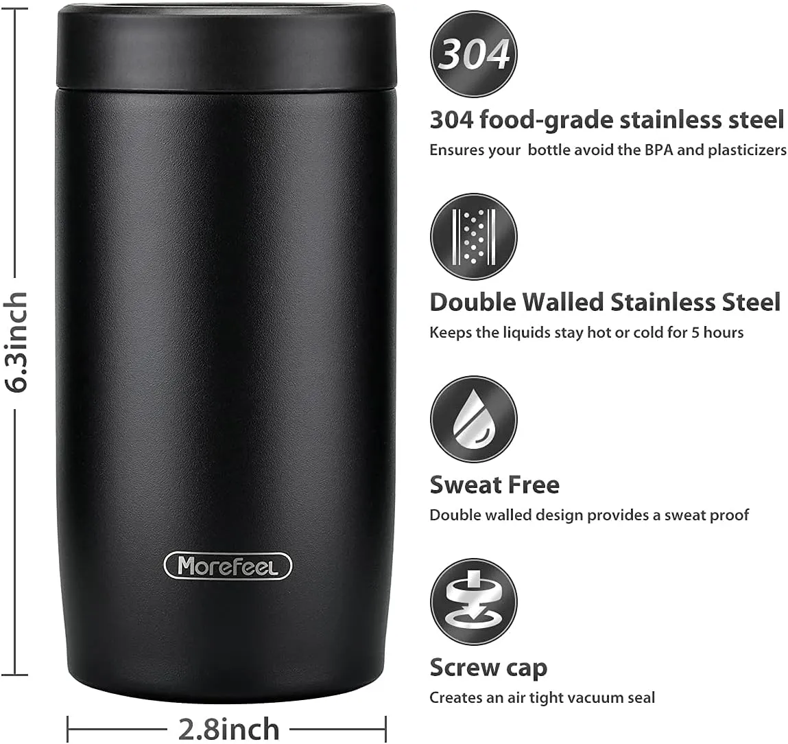Morefeel 4-in-1 Skinny Can Cooler Double Wall Stainless Steel Insulated Can Holder, Works With 12 Oz Slim Can,Standard Cans,Beer Bottles & As Pint Cups(Black)