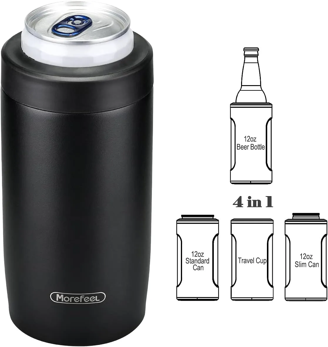 Morefeel 4-in-1 Skinny Can Cooler Double Wall Stainless Steel Insulated Can Holder, Works With 12 Oz Slim Can,Standard Cans,Beer Bottles & As Pint Cups(Black)