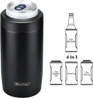 Morefeel 4-in-1 Skinny Can Cooler Double Wall Stainless Steel Insulated Can Holder, Works With 12 Oz Slim Can,Standard Cans,Beer Bottles & As Pint Cups(Black)