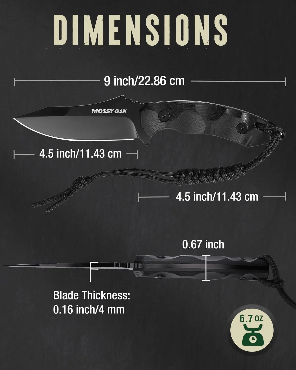 Mossy Oak 9" Hunting Knife with Sheath, 14C28N Full Tang Fixed Blade Knife, G10 Handle Outdoor Knife for Survival, Camping, Hiking(Black)