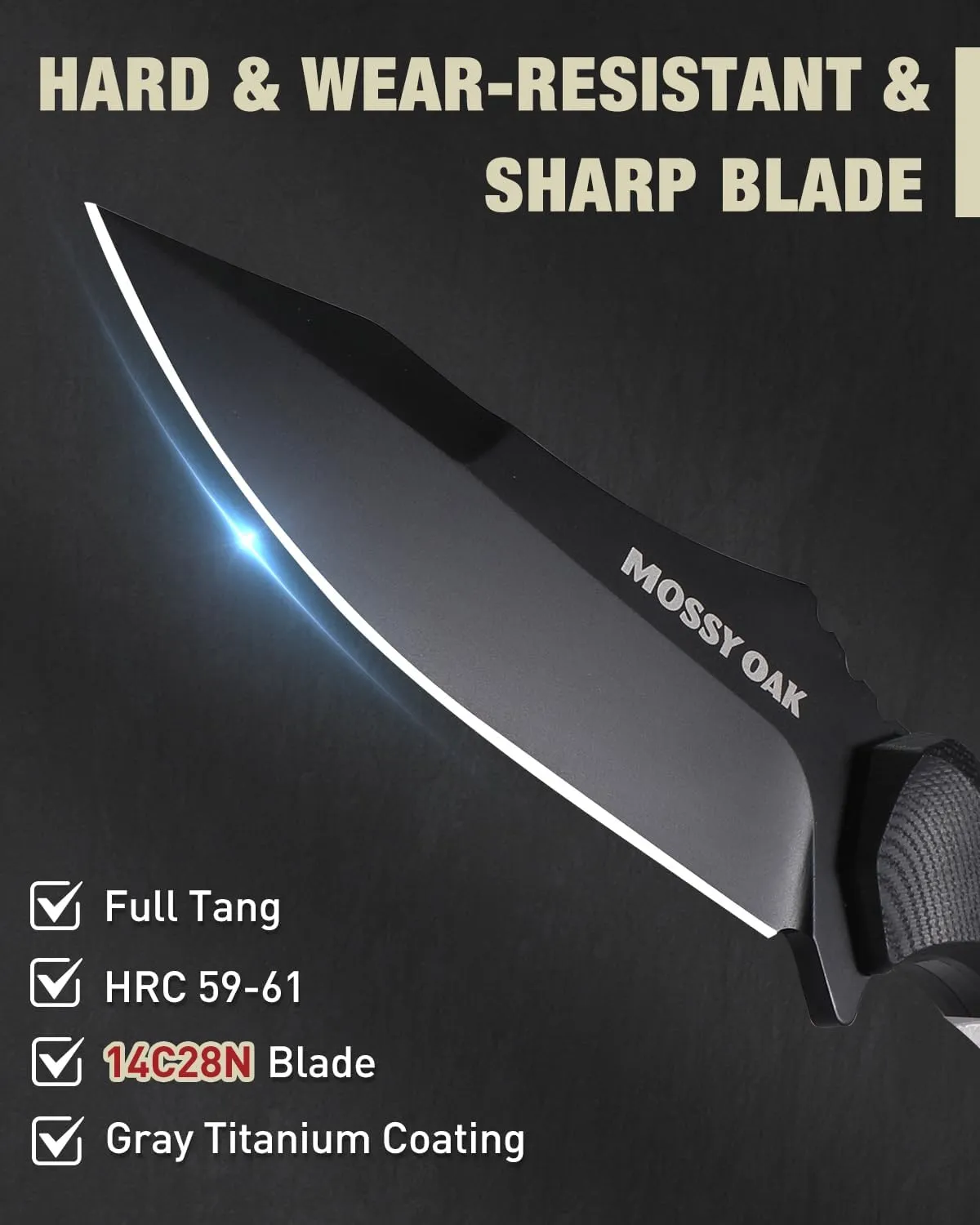 Mossy Oak 9" Hunting Knife with Sheath, 14C28N Full Tang Fixed Blade Knife, G10 Handle Outdoor Knife for Survival, Camping, Hiking(Black)