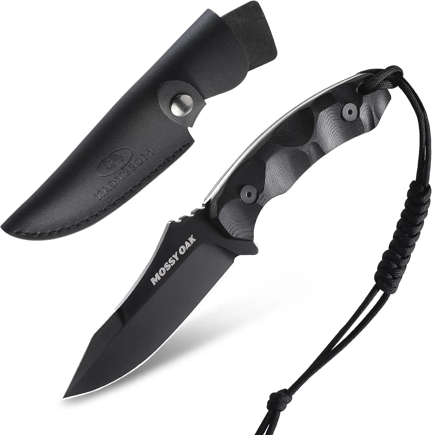 Mossy Oak 9" Hunting Knife with Sheath, 14C28N Full Tang Fixed Blade Knife, G10 Handle Outdoor Knife for Survival, Camping, Hiking(Black)