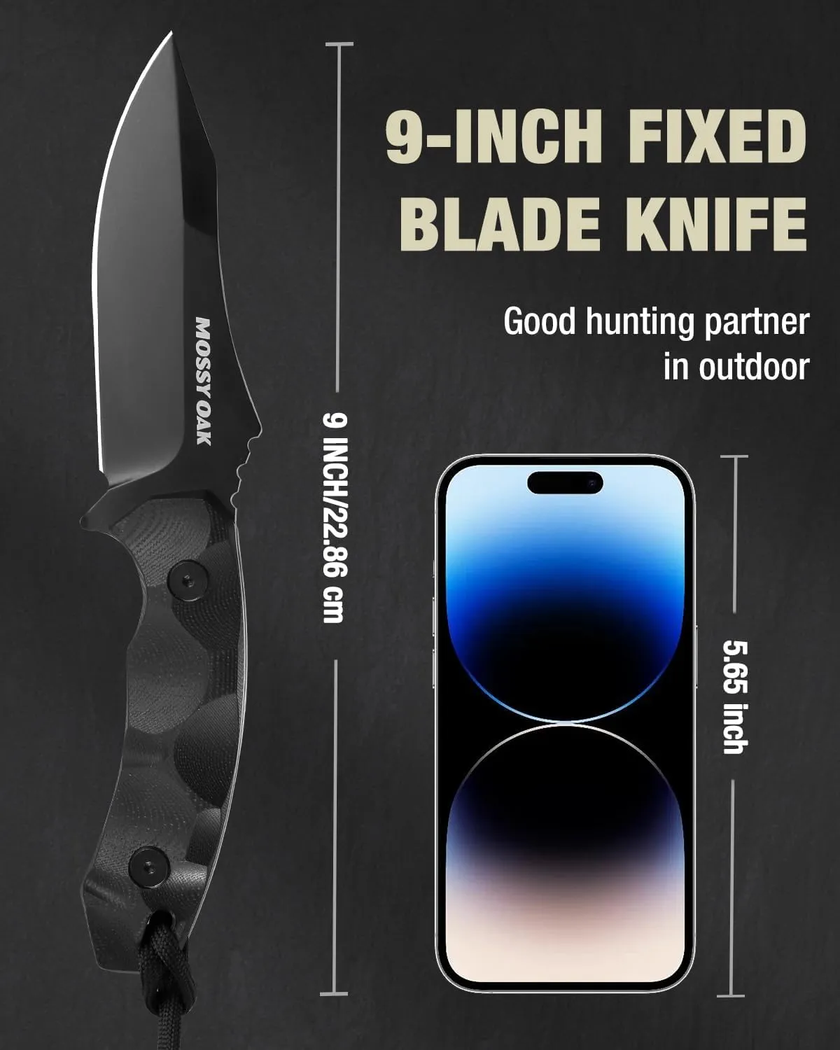 Mossy Oak 9" Hunting Knife with Sheath, 14C28N Full Tang Fixed Blade Knife, G10 Handle Outdoor Knife for Survival, Camping, Hiking(Black)