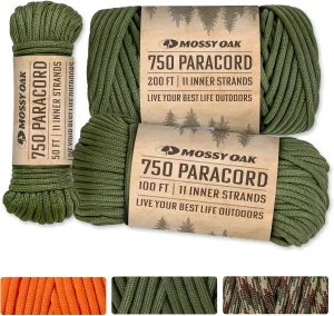 Mossy Oak Paracord 750 – Heavy Duty Nylon Paracord – Survival Rope, Ideal for Camping, Hunting, Fishing, Crafting & DIY Use – Thin Parachute Cord - 4mm Diameter