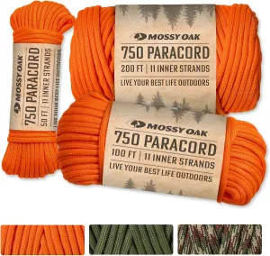 Mossy Oak Paracord 750 – Heavy Duty Nylon Paracord – Survival Rope, Ideal for Camping, Hunting, Fishing, Crafting & DIY Use – Thin Parachute Cord - 4mm Diameter