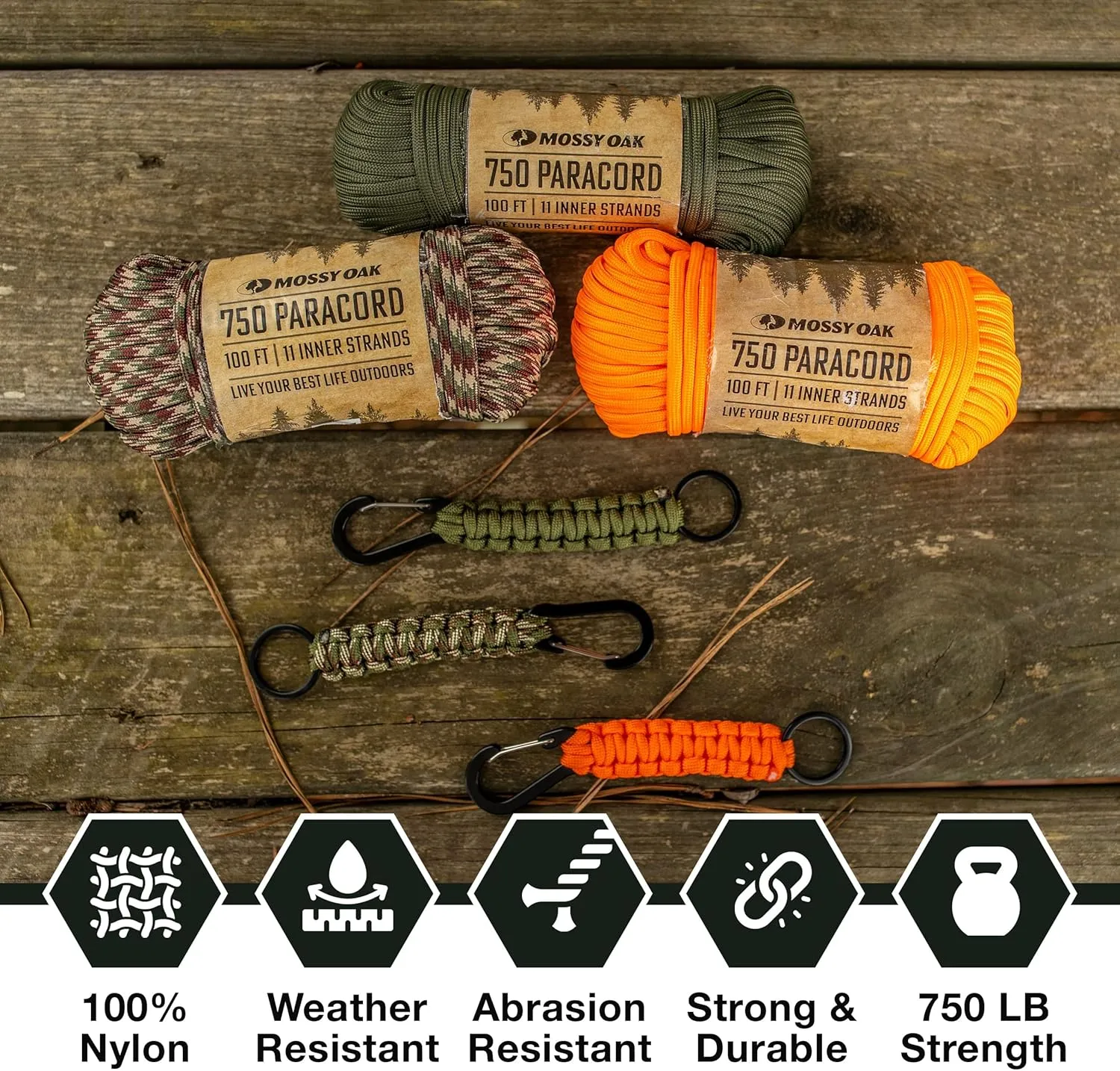 Mossy Oak Paracord 750 – Heavy Duty Nylon Paracord – Survival Rope, Ideal for Camping, Hunting, Fishing, Crafting & DIY Use – Thin Parachute Cord - 4mm Diameter