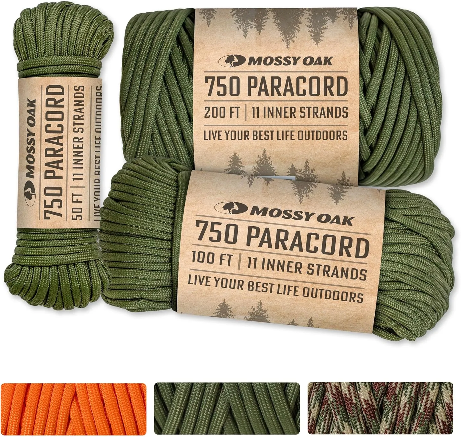 Mossy Oak Paracord 750 – Heavy Duty Nylon Paracord – Survival Rope, Ideal for Camping, Hunting, Fishing, Crafting & DIY Use – Thin Parachute Cord - 4mm Diameter