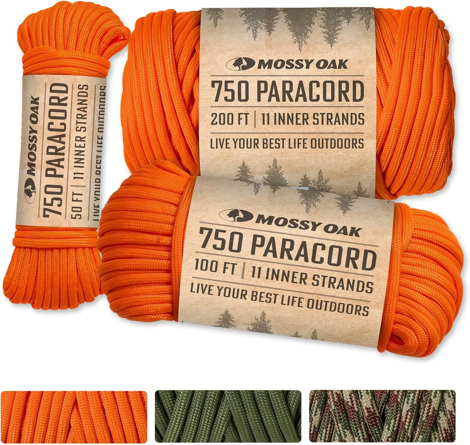 Mossy Oak Paracord 750 – Heavy Duty Nylon Paracord – Survival Rope, Ideal for Camping, Hunting, Fishing, Crafting & DIY Use – Thin Parachute Cord - 4mm Diameter