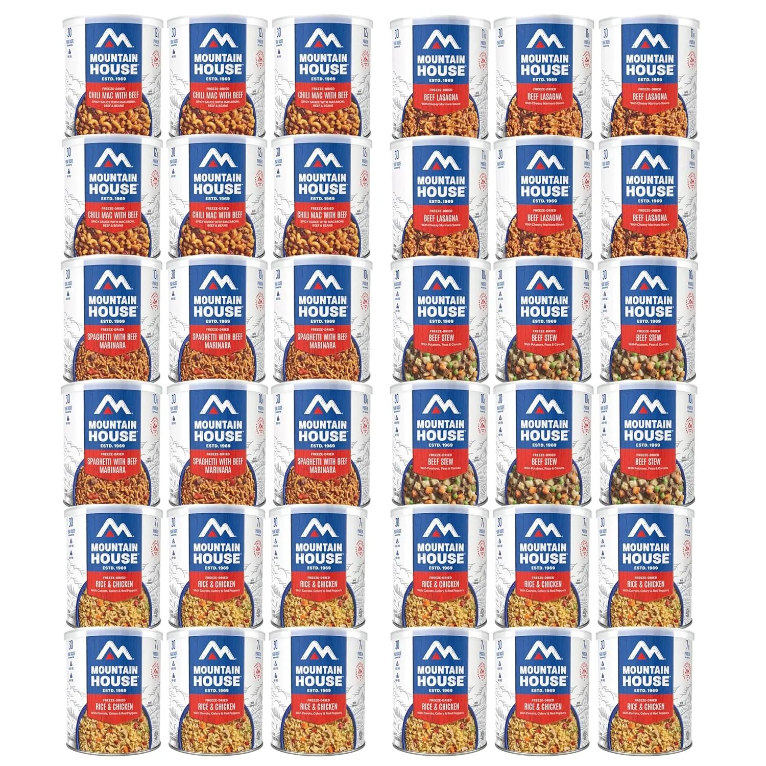 Mountain House 258 Serving Survival & Emergency Food Supply 36 Cans of Lunch & Entree Meals Includes Rice & Chicken, Chili Mac with Beef, Spaghetti with Meat Sauce Ready to Eat Food 30-Year Shelf Life