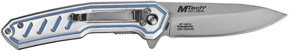 MTECH USA Folding Pocket Knife, 7.75 inch Overall Length, Black Oxidized Drop Point Blade, Blue Aluminum Handle