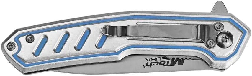MTECH USA Folding Pocket Knife, 7.75 inch Overall Length, Black Oxidized Drop Point Blade, Blue Aluminum Handle