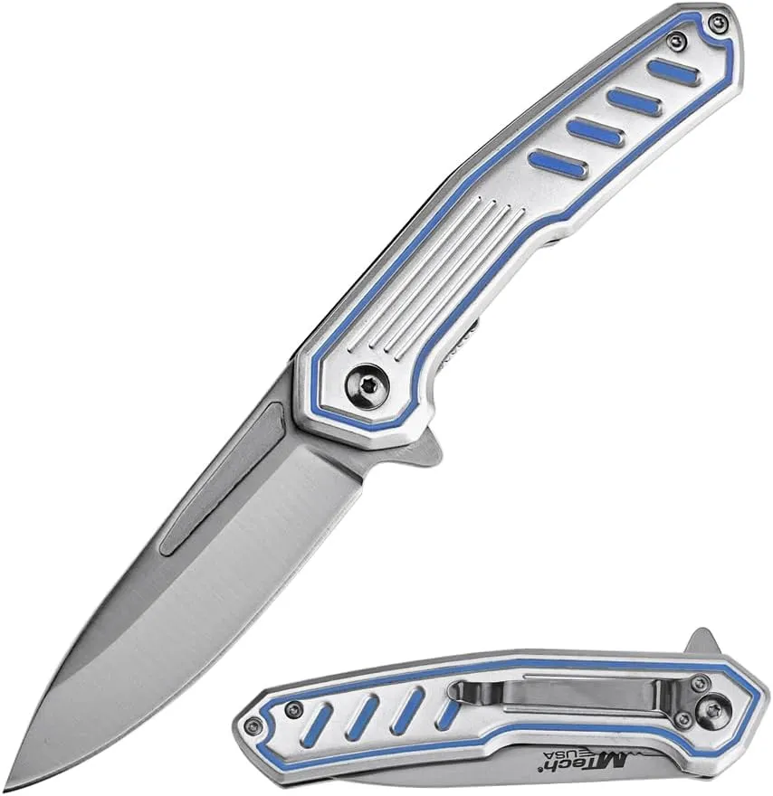 MTECH USA Folding Pocket Knife, 7.75 inch Overall Length, Black Oxidized Drop Point Blade, Blue Aluminum Handle