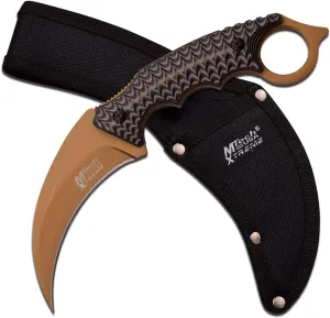 MTECH USA Xtreme – Fixed Blade Knife – Brown TiNite Coated Stainless Steel Hawkbill Blade with Black and Brown G10 Handle and 1680D Nylon Sheath, Full Tang Construction, EDC, Tactical – MX-8140BN