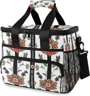 Muted Color Red Paisley Flower Cooler Bag Insulated Cooler Soft Sided Cooler 24 Can Portable Picnic Bag Large Leakproof Lunch Bag Box for Beach Grocery Camping Travel Car Men Women