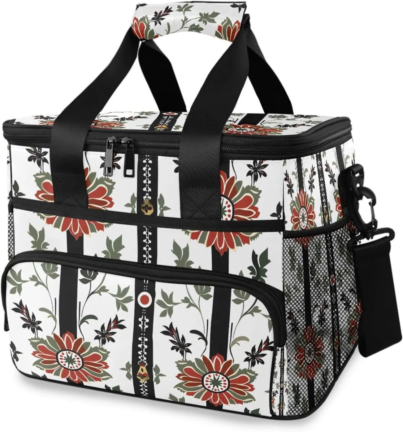 Muted Color Red Paisley Flower Cooler Bag Insulated Cooler Soft Sided Cooler 24 Can Portable Picnic Bag Large Leakproof Lunch Bag Box for Beach Grocery Camping Travel Car Men Women