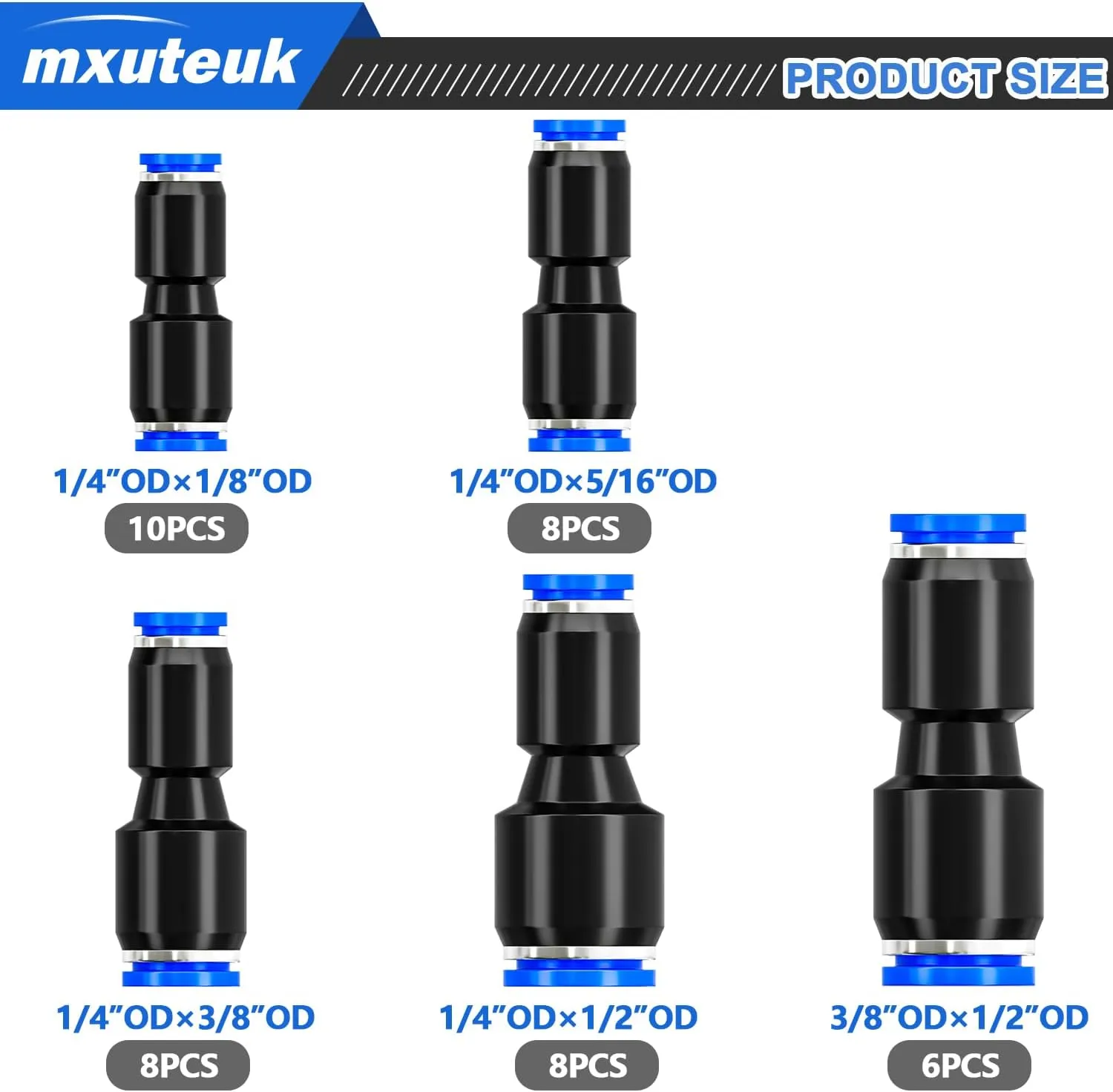 mxuteuk Quick Connect Air Hose Fittings,5 Size Push to Connect Fittings,1/8",1/4",5/16",1/2",3/8"OD Air Line Fitting Straight reducer Union/Coupler(40PCS)