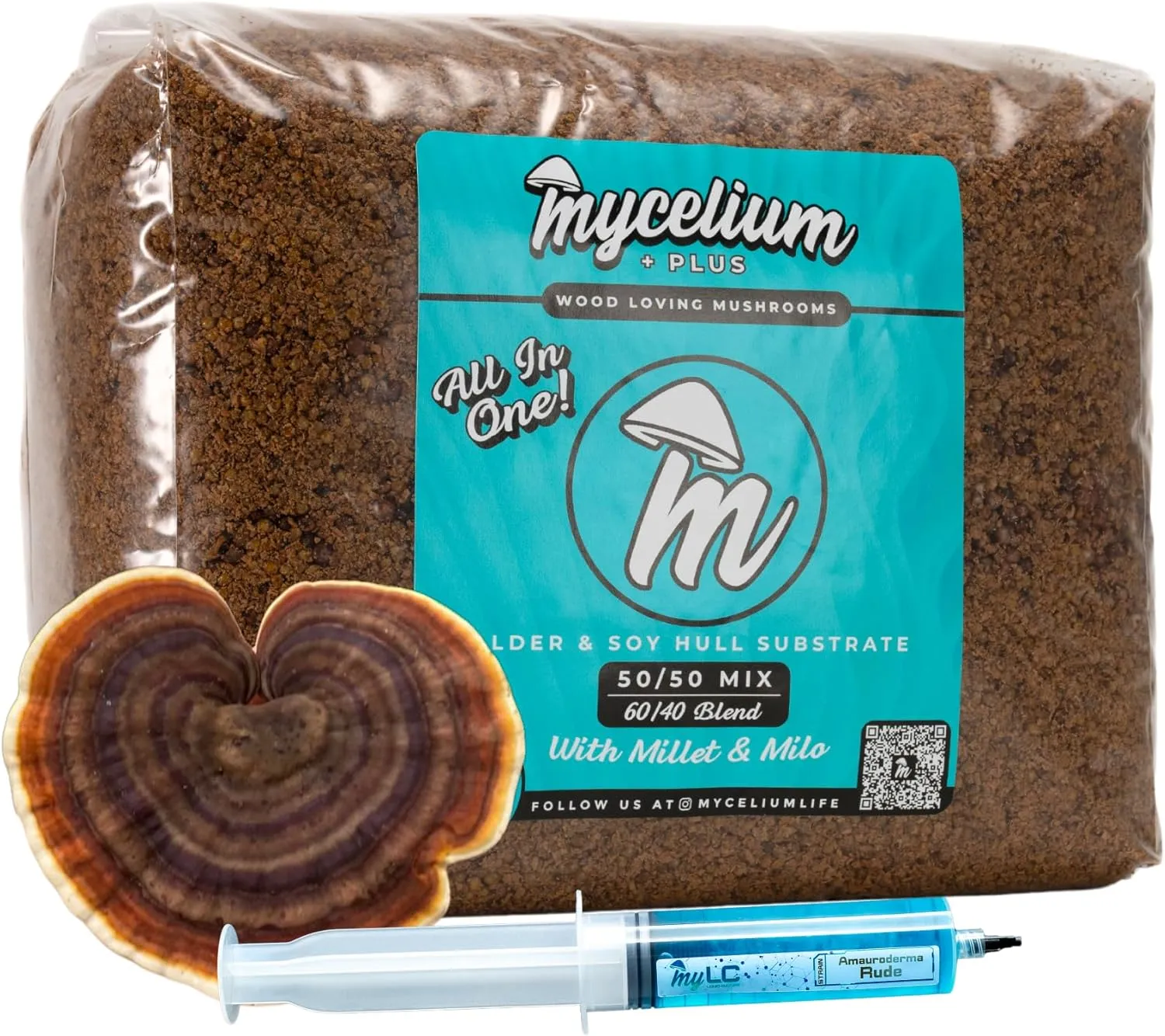 Mycelium Mushroom Growing Kit, Amauroderma Rude Gourmet I Alder & Soy Hull Substrate I High Yield Proprietary Mix I Grow Bag with 20ml Liquid Culture Syringe for Starter & Pro Home Growers, 5lbs