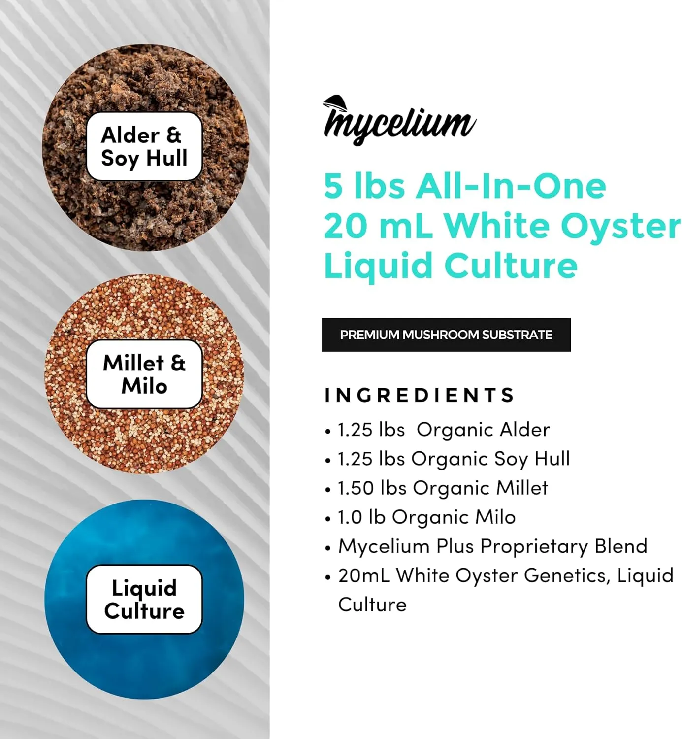 Mycelium Mushroom Growing Kit, White Oyster Gourmet I Alder & Soy Hull Substrate I High Yield Proprietary Mix I Sterile Grow Bag with 20ml Liquid Culture Syringe for Starter & Pro Home Growers, 5lbs