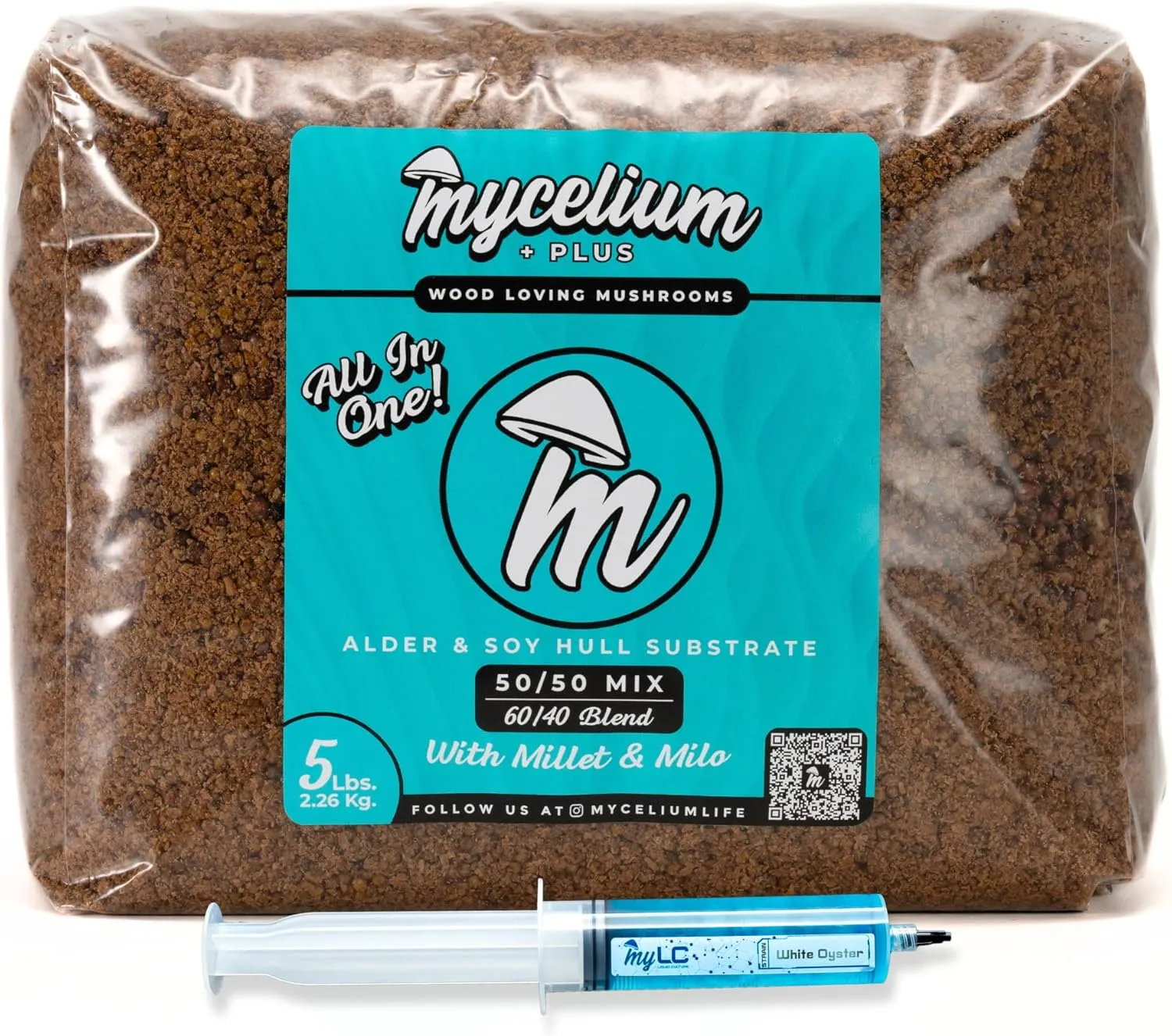 Mycelium Mushroom Growing Kit, White Oyster Gourmet I Alder & Soy Hull Substrate I High Yield Proprietary Mix I Sterile Grow Bag with 20ml Liquid Culture Syringe for Starter & Pro Home Growers, 5lbs