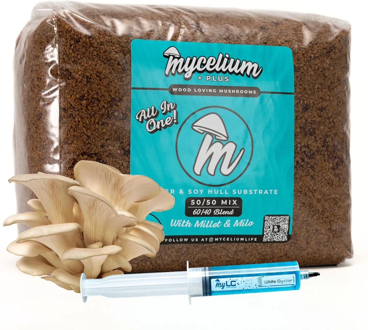 Mycelium Mushroom Growing Kit, White Oyster Gourmet I Alder & Soy Hull Substrate I High Yield Proprietary Mix I Sterile Grow Bag with 20ml Liquid Culture Syringe for Starter & Pro Home Growers, 5lbs