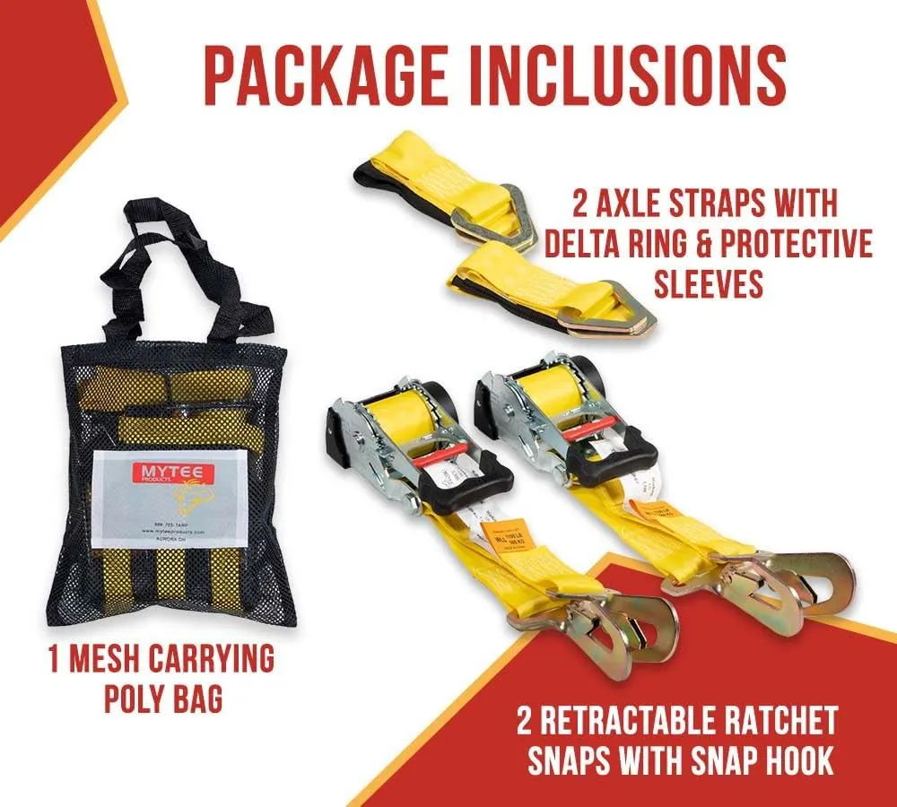 Mytee Products 4 Pk 2" x10' Retractable Ratchet Straps Kit w/Snap Hook, Axle Straps w/Delta Ring, Protective Sleeves, Storage Bag - Self Ratcheting Tie Down Strap w/500 lbs WLL for Boat, Jet Ski, ATV