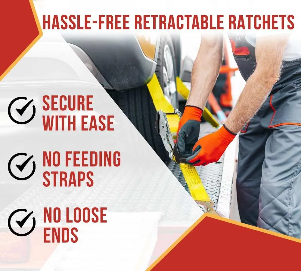 Mytee Products 4 Pk 2" x10' Retractable Ratchet Straps Kit w/Snap Hook, Axle Straps w/Delta Ring, Protective Sleeves, Storage Bag - Self Ratcheting Tie Down Strap w/500 lbs WLL for Boat, Jet Ski, ATV