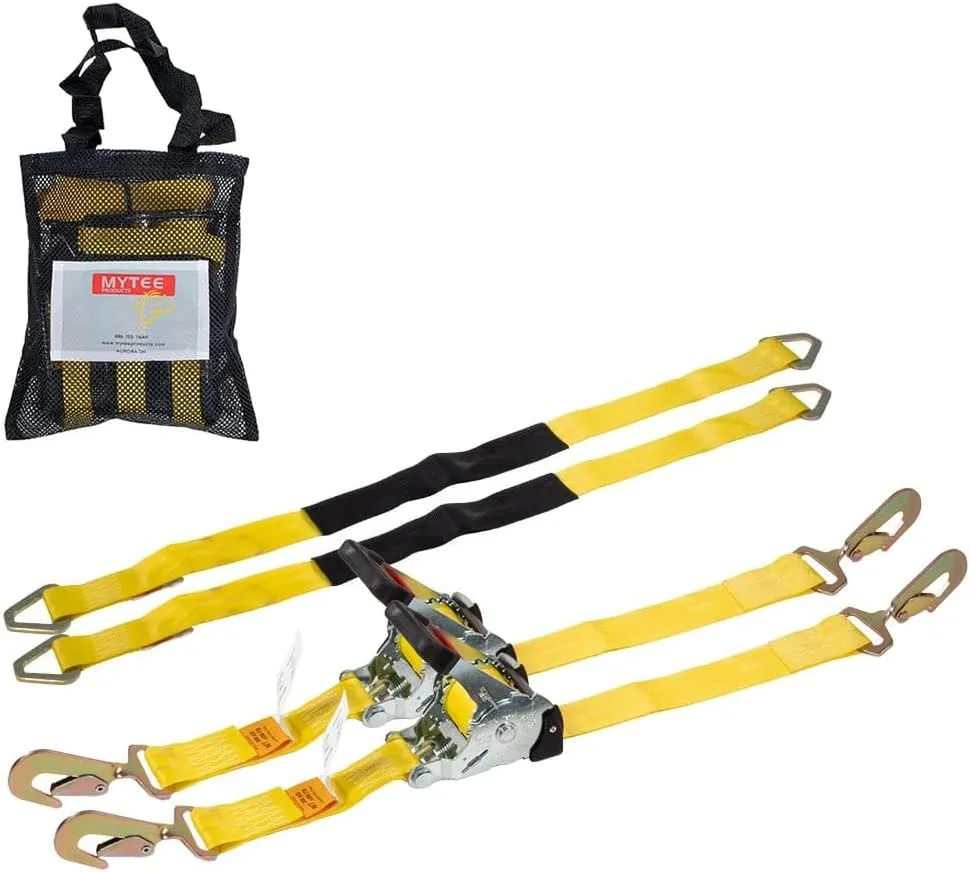 Mytee Products 4 Pk 2" x10' Retractable Ratchet Straps Kit w/Snap Hook, Axle Straps w/Delta Ring, Protective Sleeves, Storage Bag - Self Ratcheting Tie Down Strap w/500 lbs WLL for Boat, Jet Ski, ATV