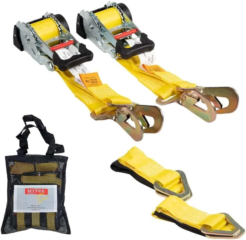 Mytee Products 4 Pk 2" x10' Retractable Ratchet Straps Kit w/Snap Hook, Axle Straps w/Delta Ring, Protective Sleeves, Storage Bag - Self Ratcheting Tie Down Strap w/500 lbs WLL for Boat, Jet Ski, ATV