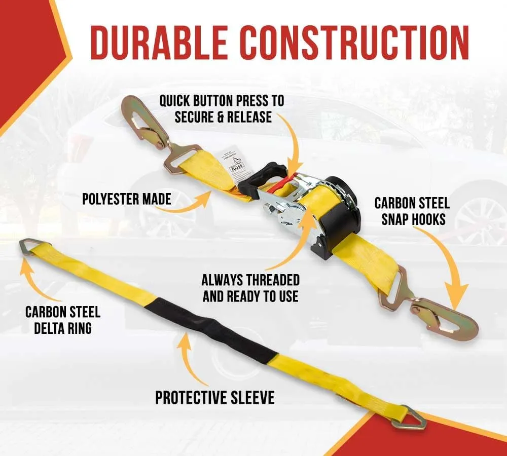 Mytee Products 4 Pk 2" x10' Retractable Ratchet Straps Kit w/Snap Hook, Axle Straps w/Delta Ring, Protective Sleeves, Storage Bag - Self Ratcheting Tie Down Strap w/500 lbs WLL for Boat, Jet Ski, ATV