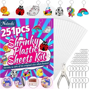 Natonhi 251Pcs Shrinky Dink Sheets,Shrink Paper Keychain Kit with 50pcs Shrinky Paper,100PCS Keychains and 100 Open Iron Ring for Kids Creative Craft Marking, Shrinky Dink Handprint Keychains