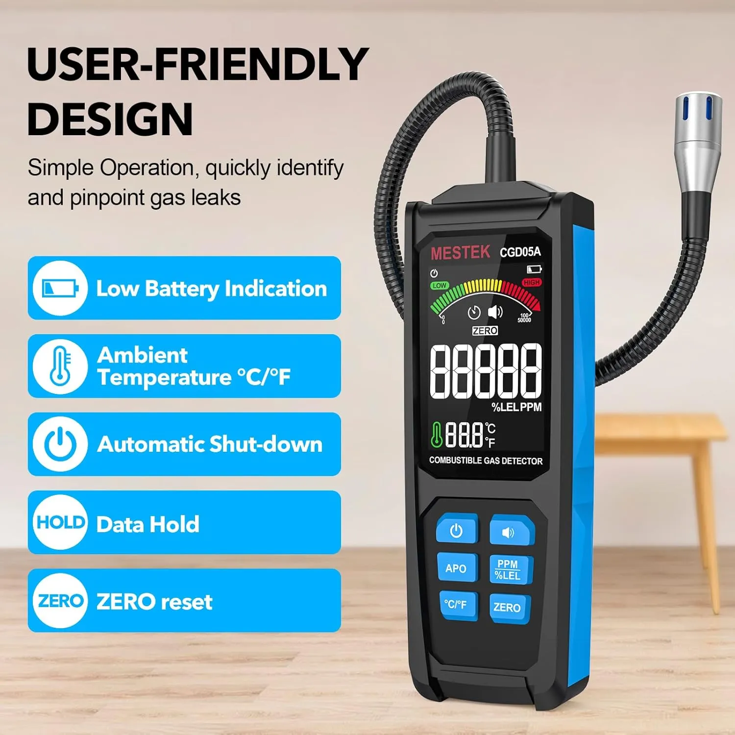 Natural Gas Leak Detector - MESTEK Gas Detector with Audible & Visual Alarm, Rechargeable Gas Sniffer with 11.3-inch Gooseneck, Locating Propane, Natural Gas, Combustible Gas Leak for Home and RV