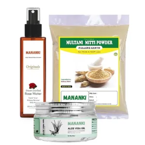 Natural Skincare Set - Aloe Vera Gel 140g, Rose Water 100ml, Multani Mitti Powder 100g