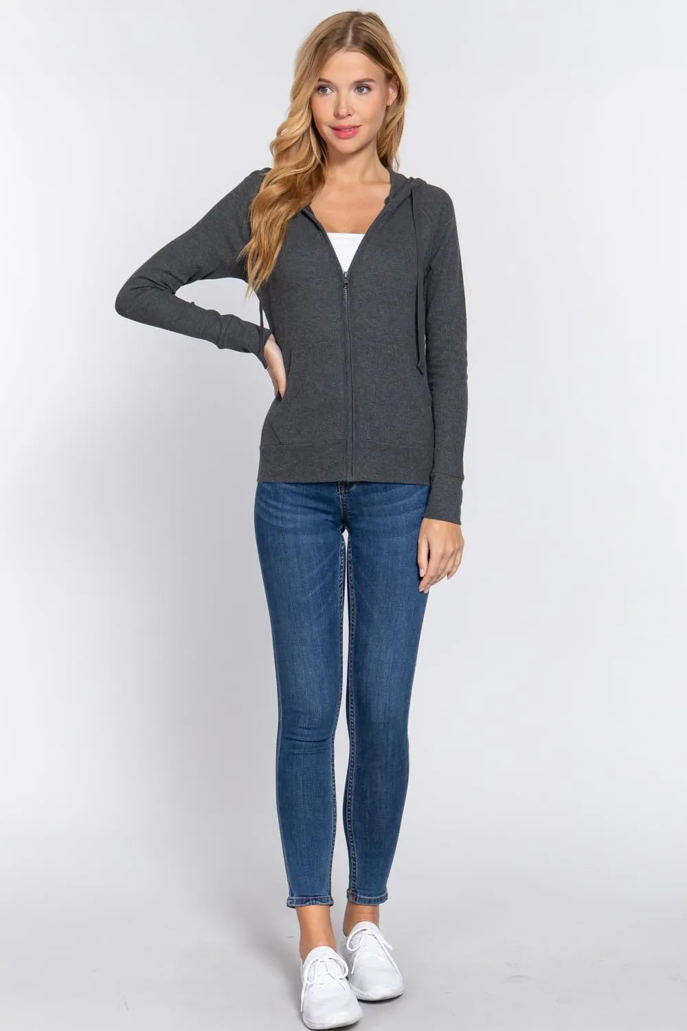 NE PEOPLE Women Basic Casual Comfy Lightweight Thermal Waffle Hoodie