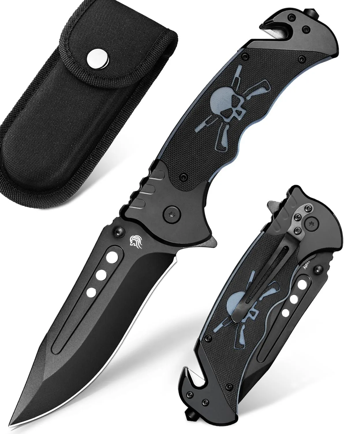 NedFoss GRIZZLY Pocket Knife, 3.8" AUS-8 Steel Blade, 3 in 1 Tactical Knife with Glass Breaker, Seatbelt Cutter, Unique G10 Handle, Cool Folding Knife for Emergency Rescue