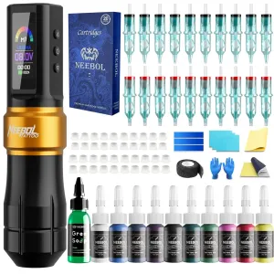 Neebol Wireless Tattoo Gun kit with Mode Memory, Cordless Rotary Tattoo Pen with 6h Battery Life, Easy Adiustment, Tattoo Supplies, Complete Tattoo Machine Kit Gift for Beginners and Professionals