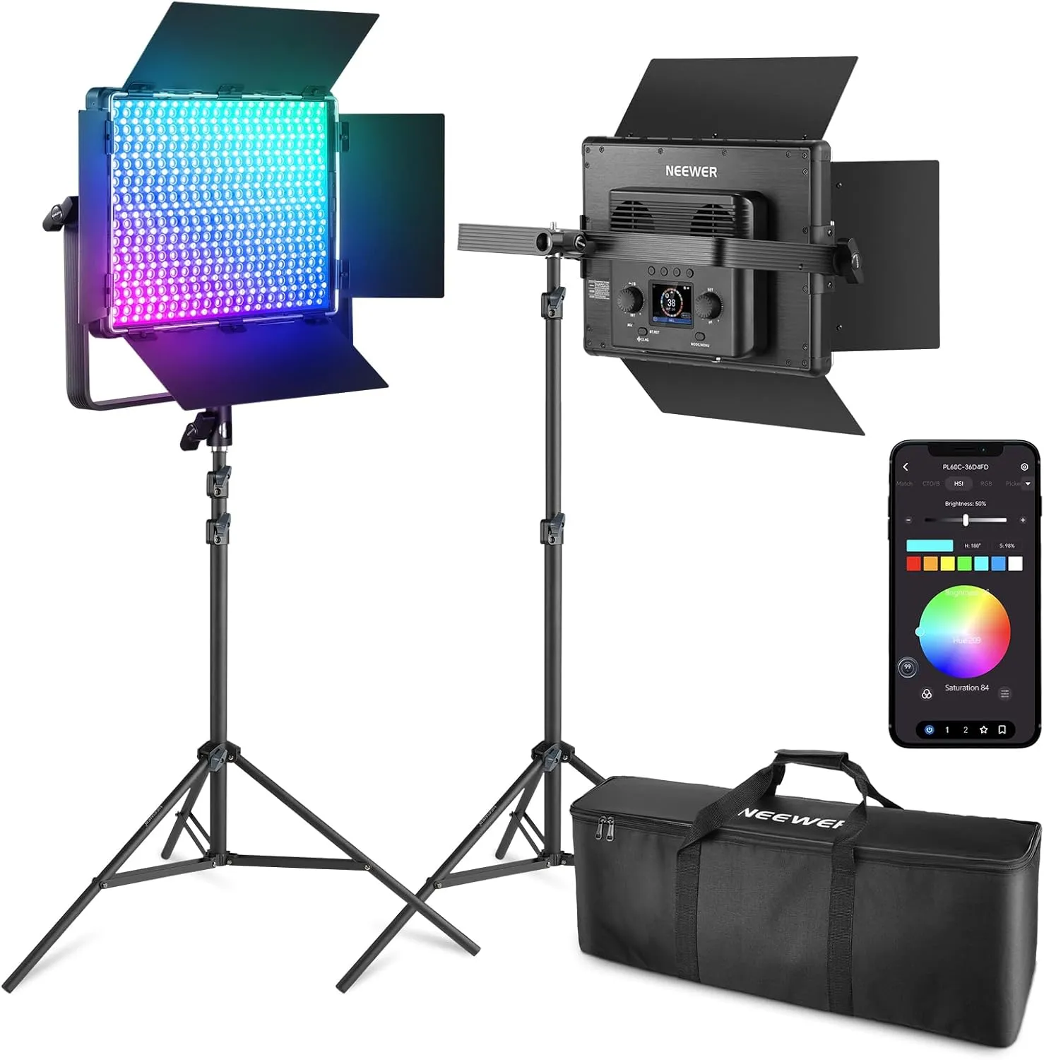 NEEWER 2 Pack PL60C RGB LED Panel Video Light Kit with 6.6ft/2m Spring Cushioned Tripod Stands/Bag, APP/2.4G/DMX Control, 60W 2500-10000K Pro Photography Studio Recording Streaming Key Lighting