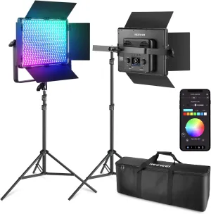 NEEWER 2 Pack PL60C RGB LED Panel Video Light Kit with 6.6ft/2m Spring Cushioned Tripod Stands/Bag, APP/2.4G/DMX Control, 60W 2500-10000K Pro Photography Studio Recording Streaming Key Lighting