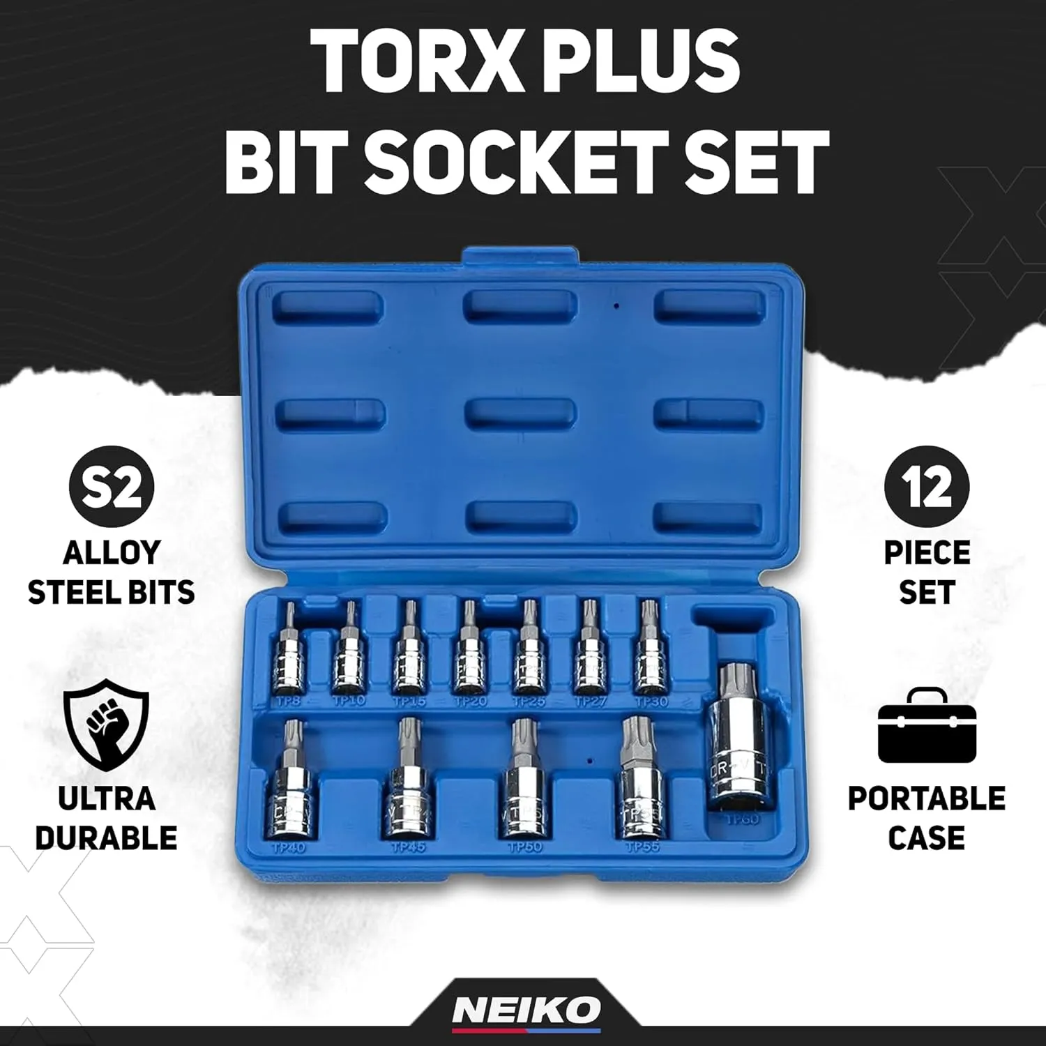 Neiko 10086A 6 Point Torx Plus Bit Socket Set, 1/4-Inch, 3/8-Inch and 1/2-Inch Drive, TP8 - TP60, 12-Piece
