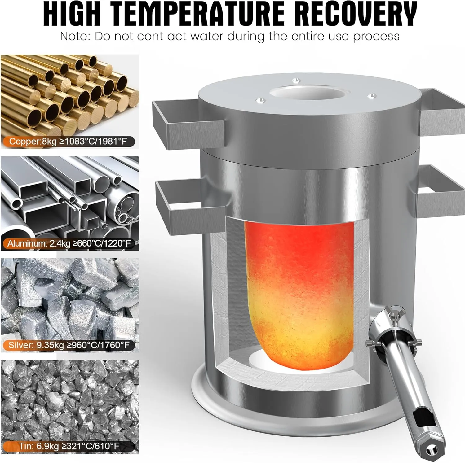 Nelyrho 8kg Stainless Steel Propane Melting Furnace Kit with Crucible and Tong Complete Home Foundry Set for Scrap Metal Recycling Gold, Silver, Copper, and Aluminum Smelting and Refining