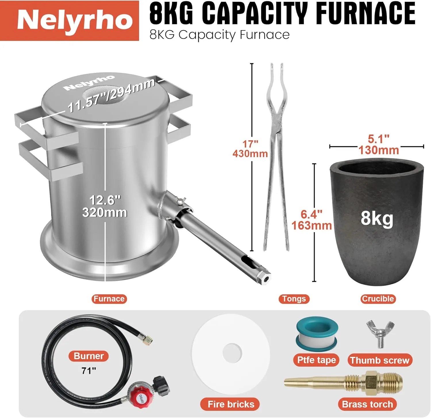 Nelyrho 8kg Stainless Steel Propane Melting Furnace Kit with Crucible and Tong Complete Home Foundry Set for Scrap Metal Recycling Gold, Silver, Copper, and Aluminum Smelting and Refining