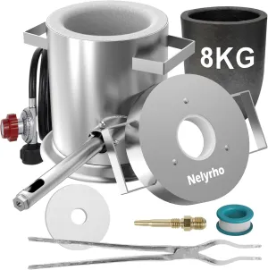 Nelyrho 8kg Stainless Steel Propane Melting Furnace Kit with Crucible and Tong Complete Home Foundry Set for Scrap Metal Recycling Gold, Silver, Copper, and Aluminum Smelting and Refining
