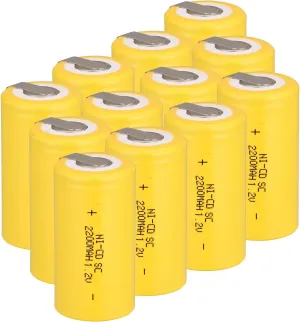 Ni-Cd Rechargeable Battery Sub C SC Batteries, 1.2V 2200 mAh with Tabs for Power Tools Battery Pack (Yellow*12)