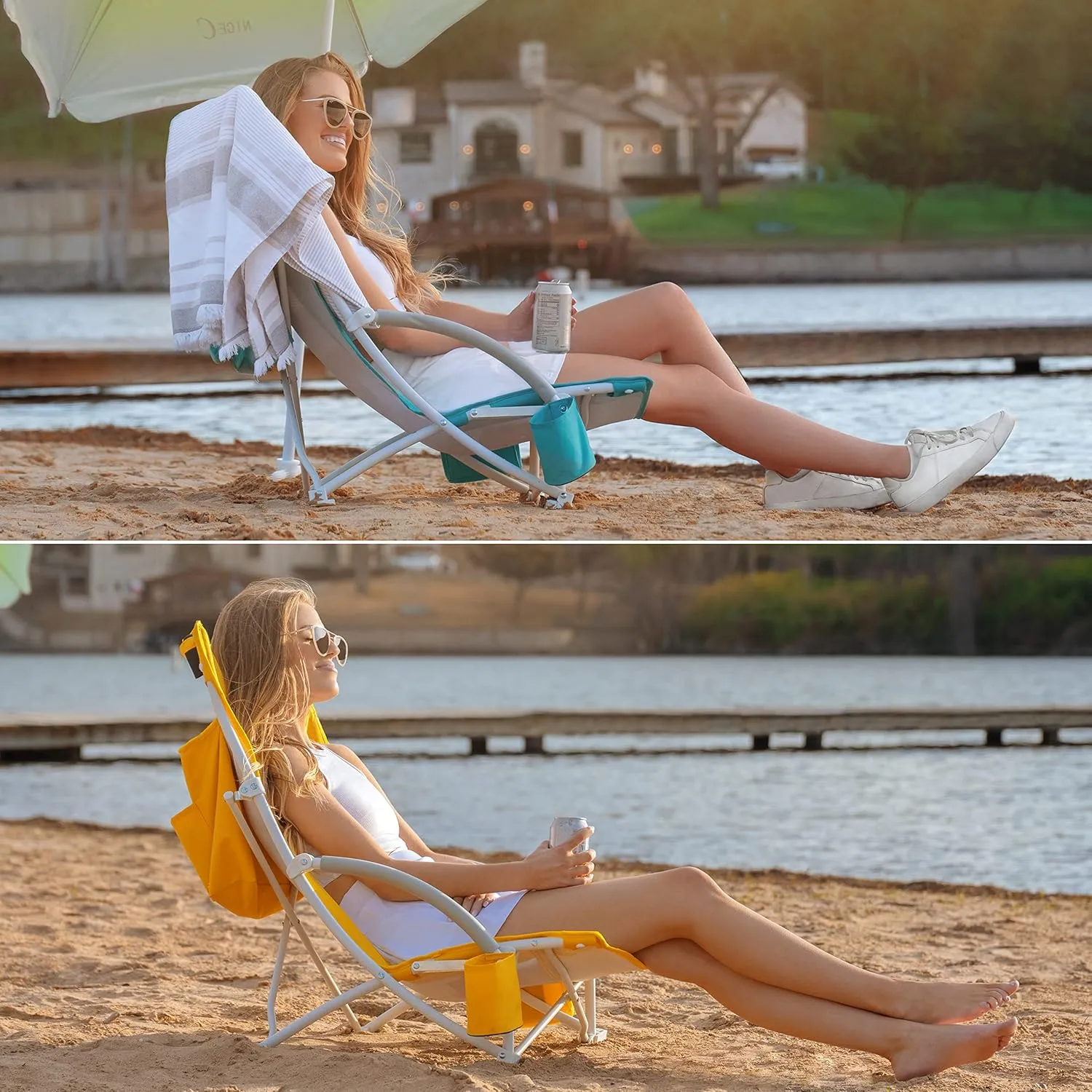Nice C Beach Chair, Beach Chairs for Adults with Umbrella and Cooler, High Back, Cup Holder & Carry Bag & Heavy Duty Compact Outdoor, Camping (Set of Yellow)