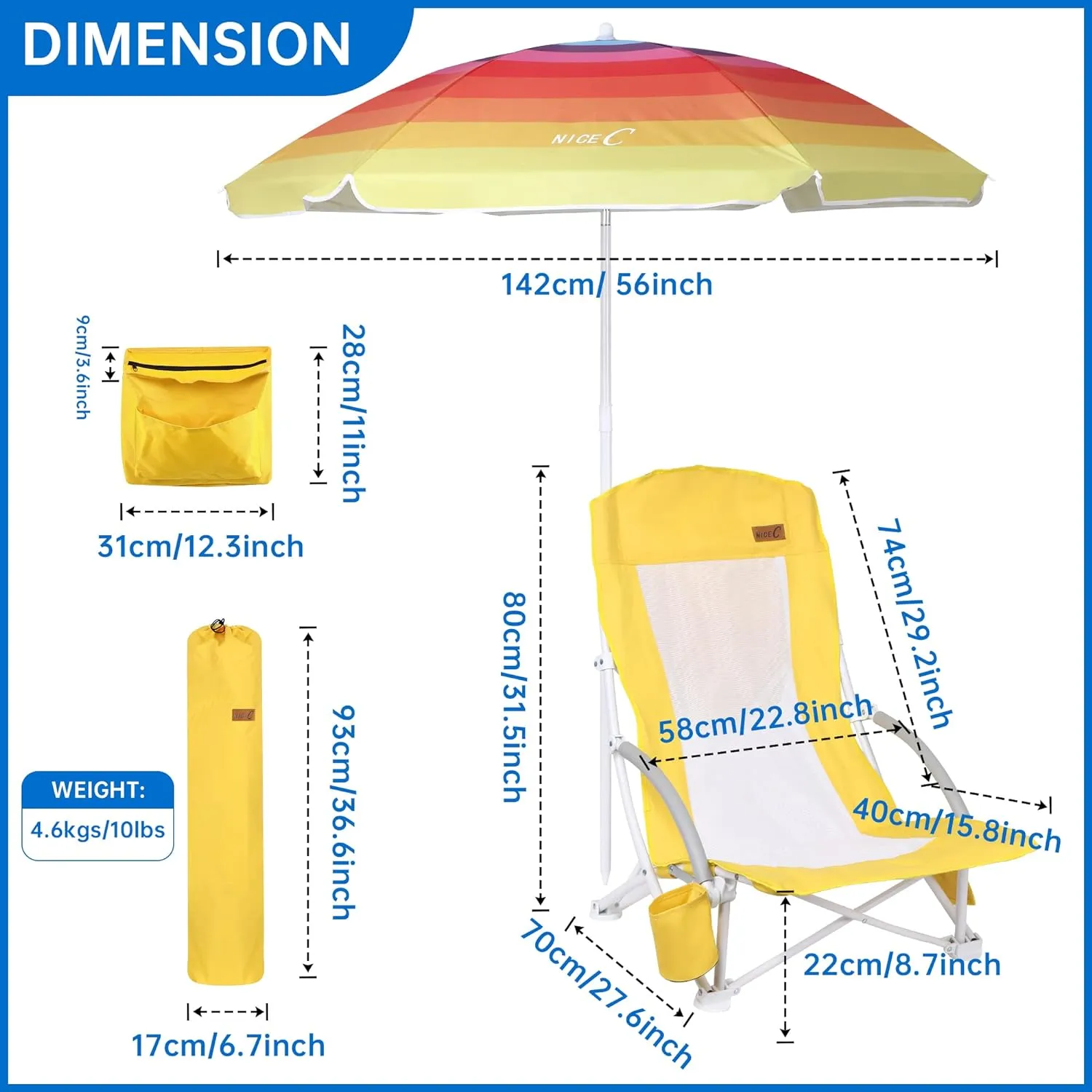 Nice C Beach Chair, Beach Chairs for Adults with Umbrella and Cooler, High Back, Cup Holder & Carry Bag & Heavy Duty Compact Outdoor, Camping (Set of Yellow)